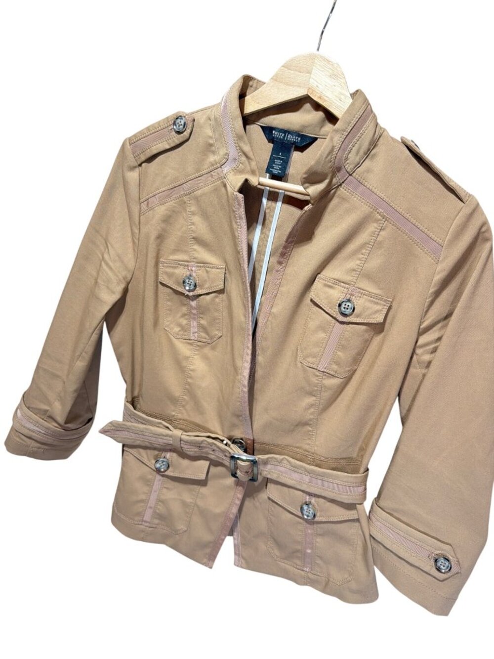 White House Black Market Womens Khaki Beige Belted Utility Jacket Blazer Size 4